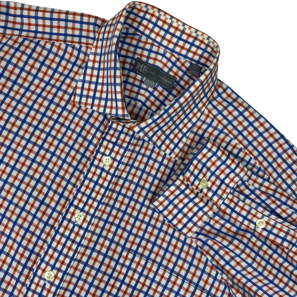 Hickey Freeman‎ Button Up Shirt Mens 17.5-34 Blue Orange Tattersall Check Canada